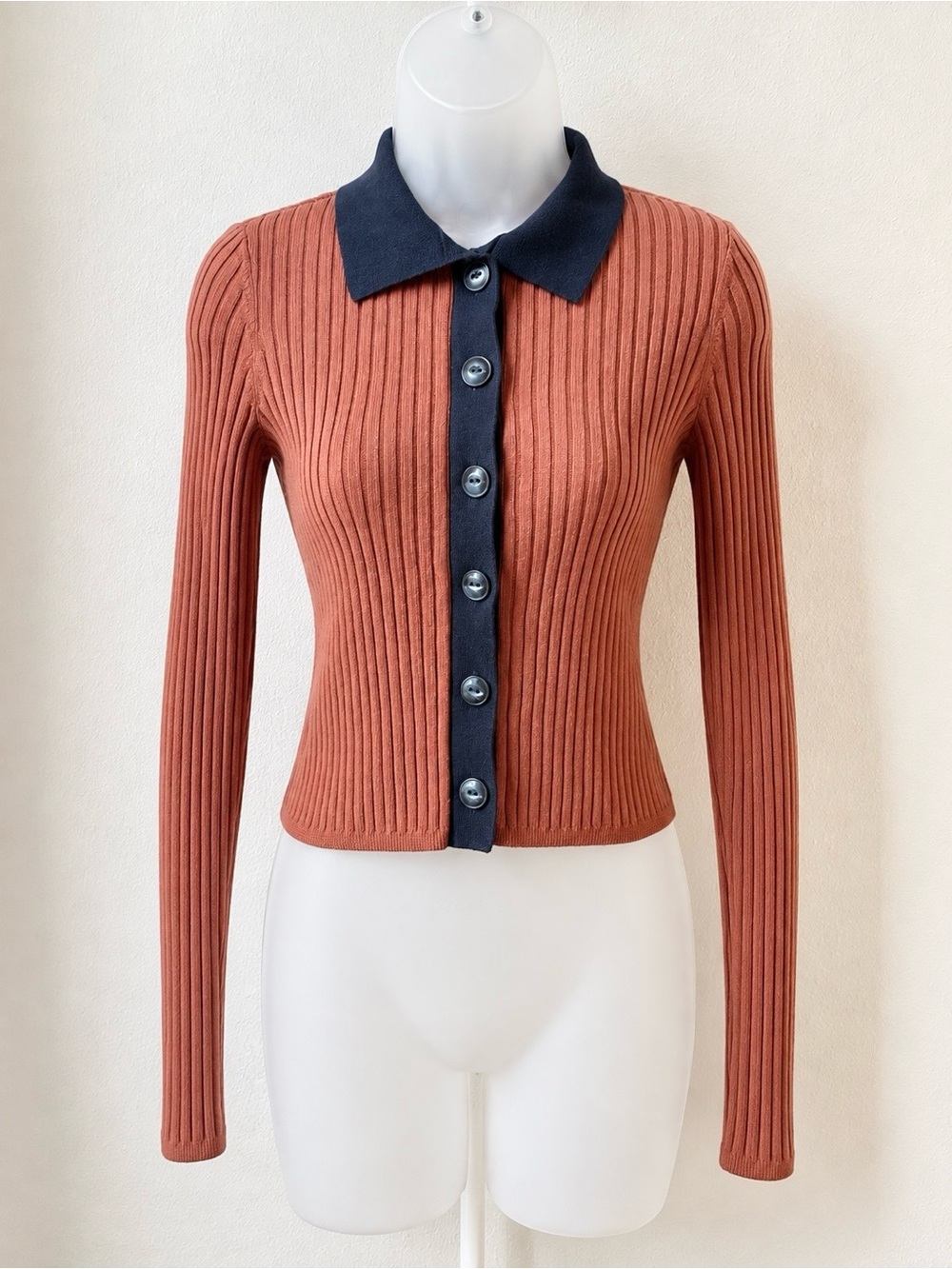 Rag & Bone Navaya Ribbed Cotton Cashmere Polo Cardigan XS Rust Black